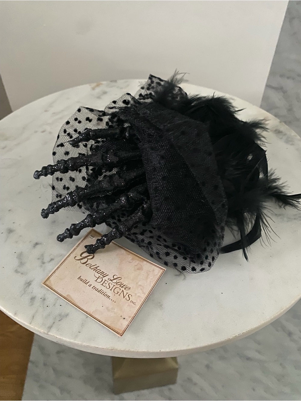 Bethany Lowe Black Dot-Tulle Skeleton Fingers, Feather Fascinator